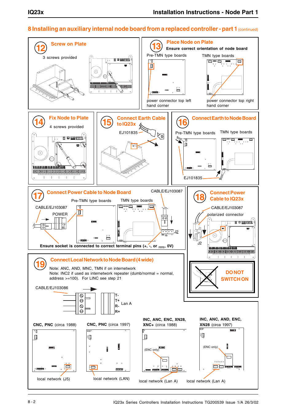 Iq23x installation instructions - node part 1, Screw on plate, Fix node to plate | Connect earth cable to iq23x, Connect earth to node board, Connect power cable to iq23x, Connect local network to node board (4 wide), Place node on plate, Connect power cable to node board, Do not switch on | TREND IQ23x User Manual | Page 30 / 36