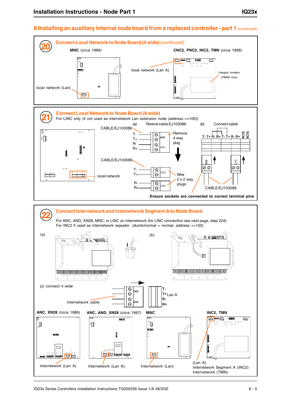 Installation instructions - node part 1 iq23x, Connect local network to node board (8 wide), Continued) | T - r - r + t, Lan a | TREND IQ23x User Manual | Page 31 / 36