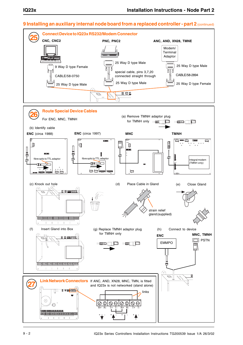 Iq23x installation instructions - node part 2, Link network connectors, Route special device cables | TREND IQ23x User Manual | Page 34 / 36