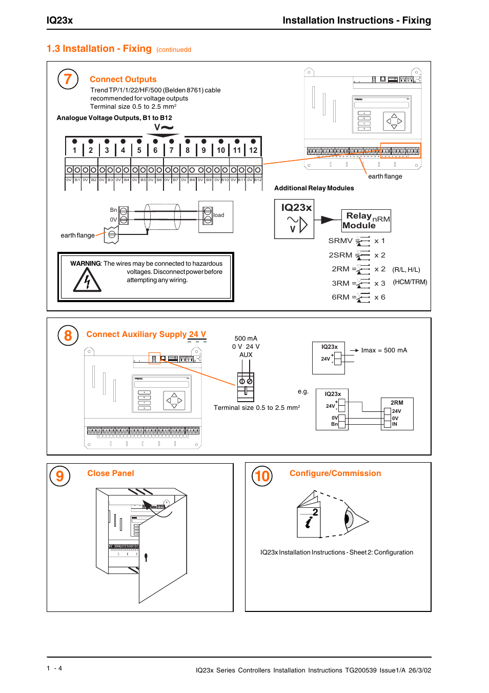 Iq23x installation instructions - fixing, 3 installation - fixing, I q 2 3 x | Connect auxiliary supply 24 v, Close panel, Configure/commission, Connect outputs | TREND IQ23x User Manual | Page 4 / 36