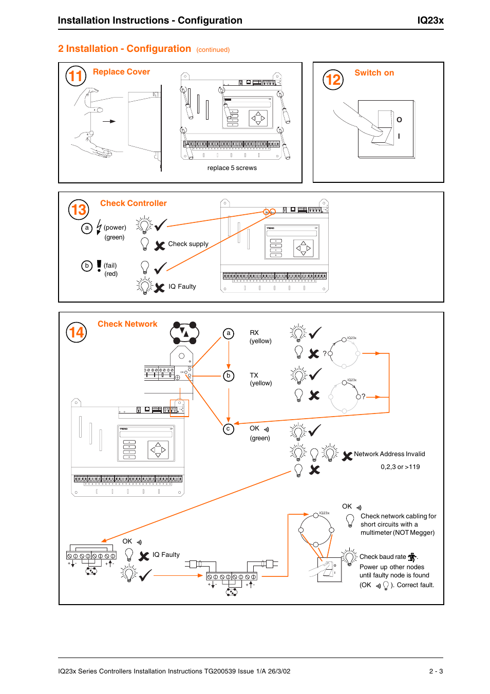 Installation instructions - configuration iq23x, 2 installation - configuration, Switch on | Check controller, Replace cover, Check network | TREND IQ23x User Manual | Page 7 / 36