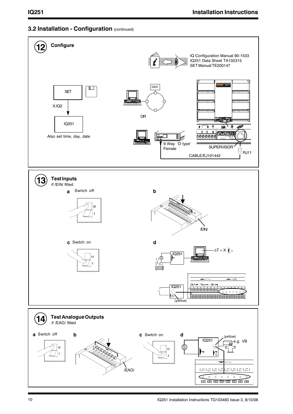 Configure, Test inputs, Ab c d | Test analogue outputs, Dc a b, Rx tx, Continued), Supervisor, Δt = x, Switch off switch on | TREND IQ251 User Manual | Page 10 / 16