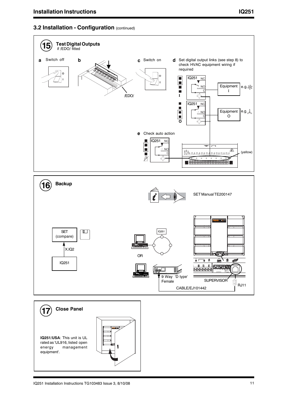 Test digital outputs, Dc a b, Backup | Close panel, Rx tx | TREND IQ251 User Manual | Page 11 / 16