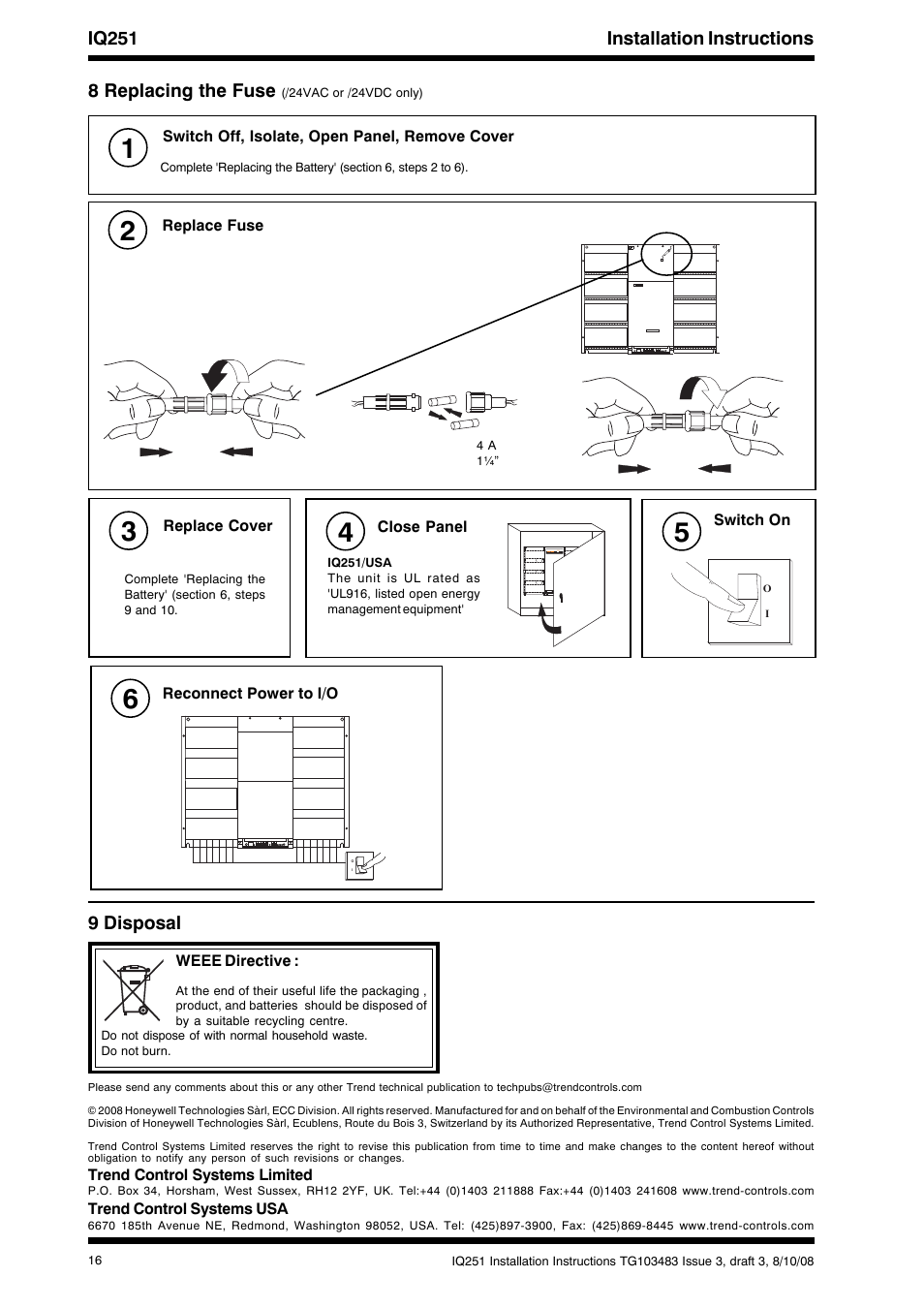Iq251 installation instructions, 8 replacing the fuse, 9 disposal | TREND IQ251 User Manual | Page 16 / 16