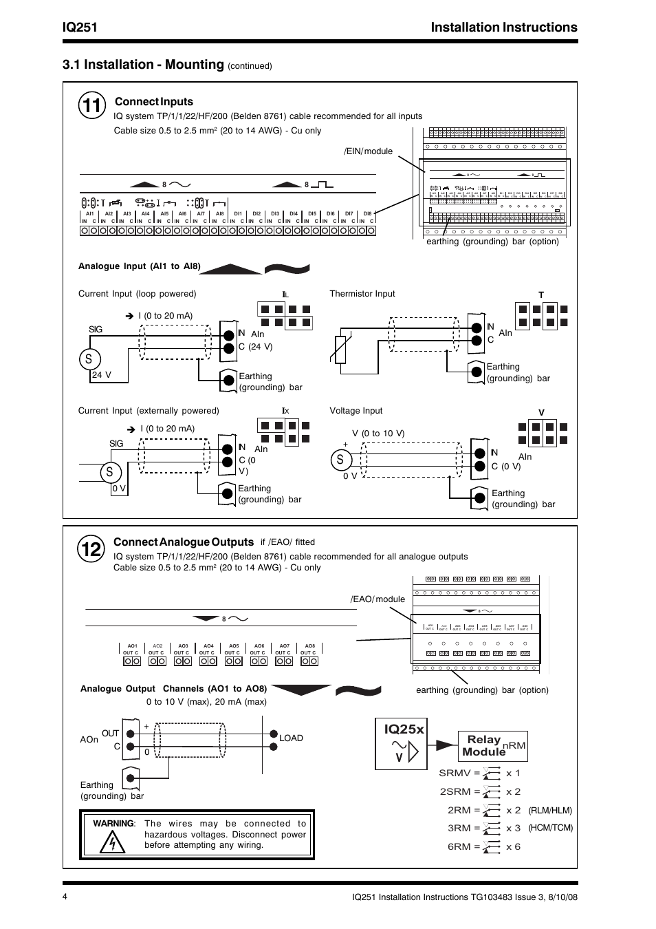 Iq251 installation instructions, 1 installation - mounting, I q 2 5 x | Connect inputs, Connect analogue outputs, Ein/ module earthing (grounding) bar (option), Analogue output channels (ao1 to ao8) | TREND IQ251 User Manual | Page 4 / 16