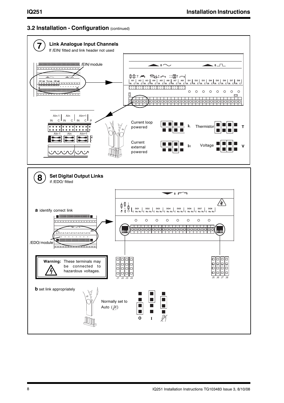 Iq251 installation instructions, 2 installation - configuration, Link analogue input channels | Set digital output links, Continued), Edo/ module, Identify correct link | TREND IQ251 User Manual | Page 8 / 16