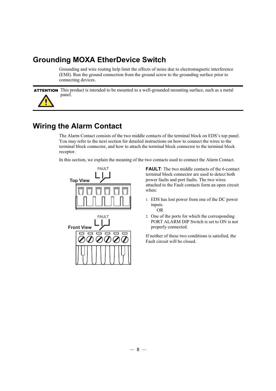 Grounding moxa etherdevice switch, Wiring the alarm contact | TREND EDS-305 User Manual | Page 11 / 19
