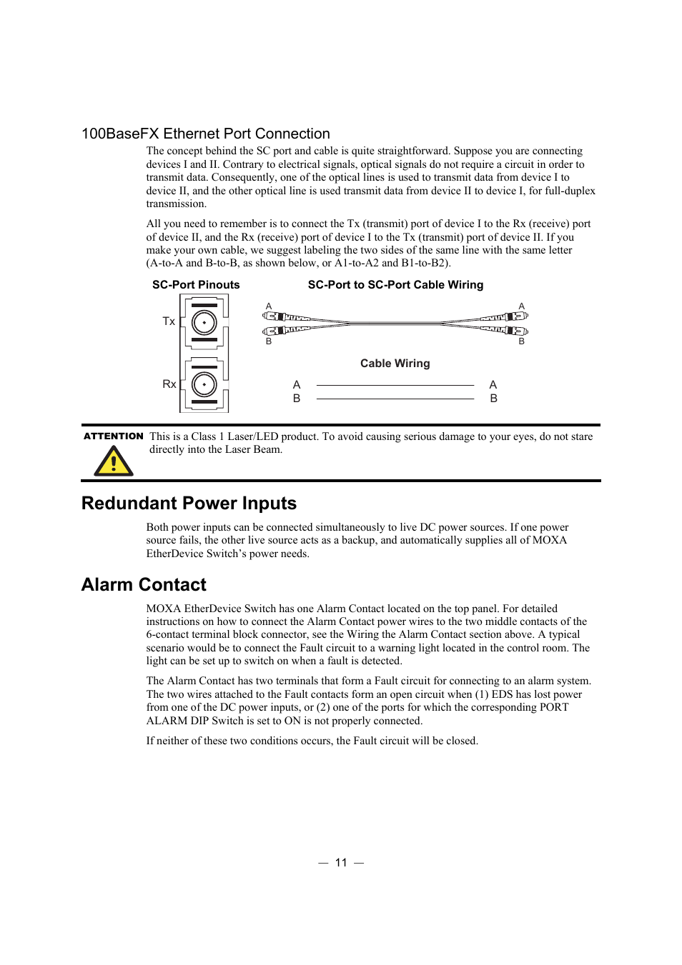 Redundant power inputs, Alarm contact, 100basefx ethernet port connection | TREND EDS-305 User Manual | Page 14 / 19