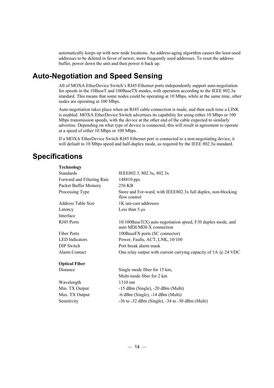 Auto-negotiation and speed sensing, Specifications | TREND EDS-305 User Manual | Page 17 / 19