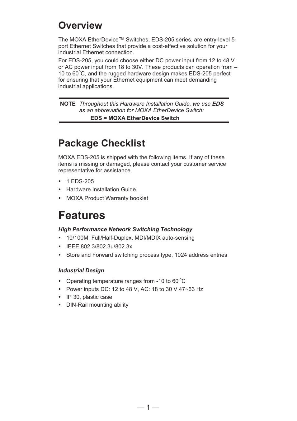 Features, Overview, Package checklist | TREND EDS-205 User Manual | Page 3 / 11