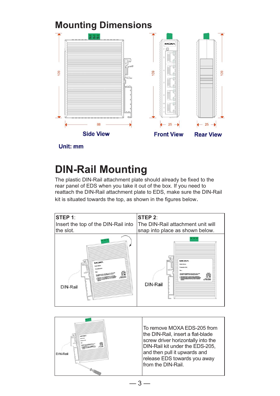 Din-rail mounting, Mounting dimensions | TREND EDS-205 User Manual | Page 5 / 11