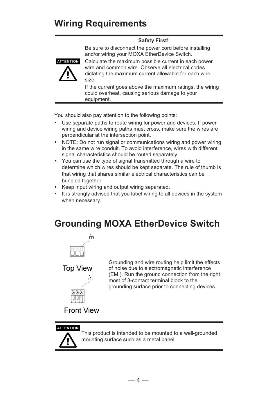 Wiring requirements, Grounding moxa etherdevice switch | TREND EDS-205 User Manual | Page 6 / 11