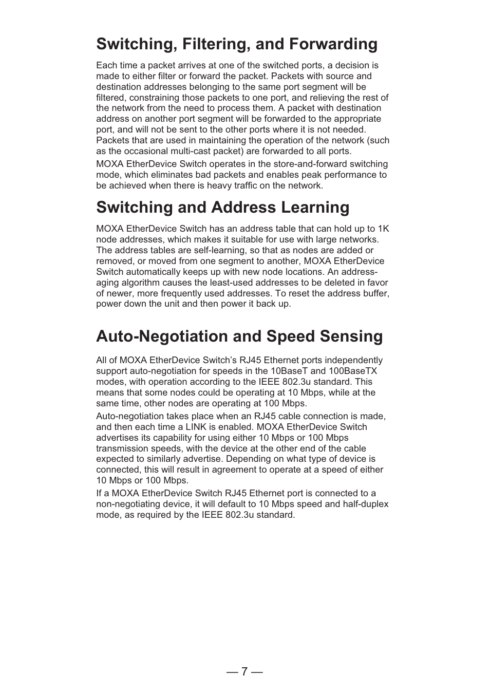 Switching, filtering, and forwarding, Switching and address learning, Auto-negotiation and speed sensing | TREND EDS-205 User Manual | Page 9 / 11