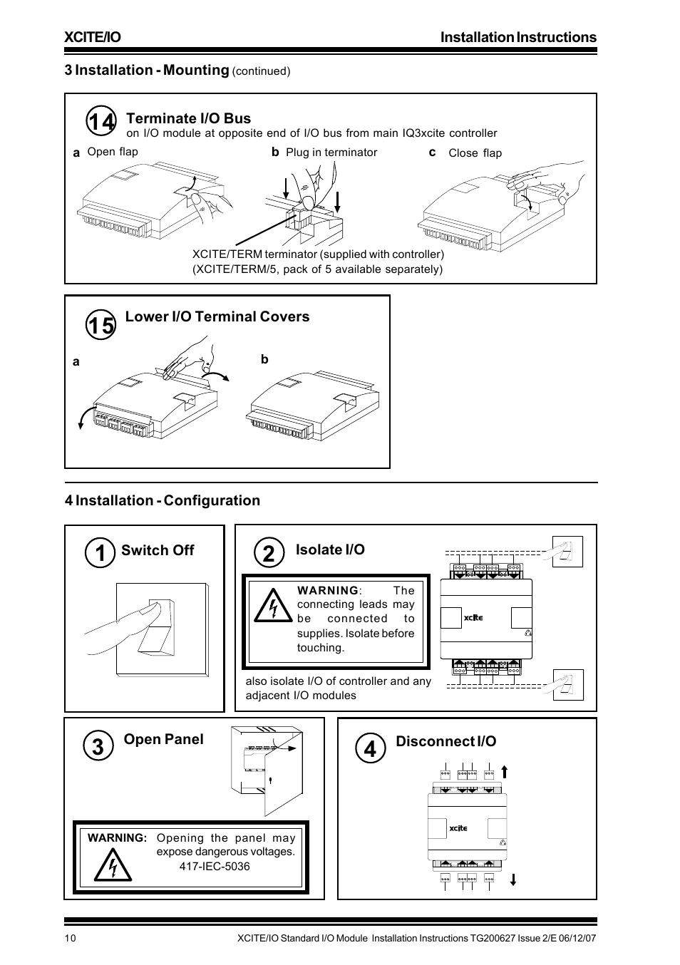 Xcite/io installation instructions, 3 installation - mounting, Terminate i/o bus | Switch off, Isolate i/o, Open panel, Disconnect i/o, Continued), Open flap, Plug in terminator | TREND XCITE_IO User Manual | Page 10 / 16