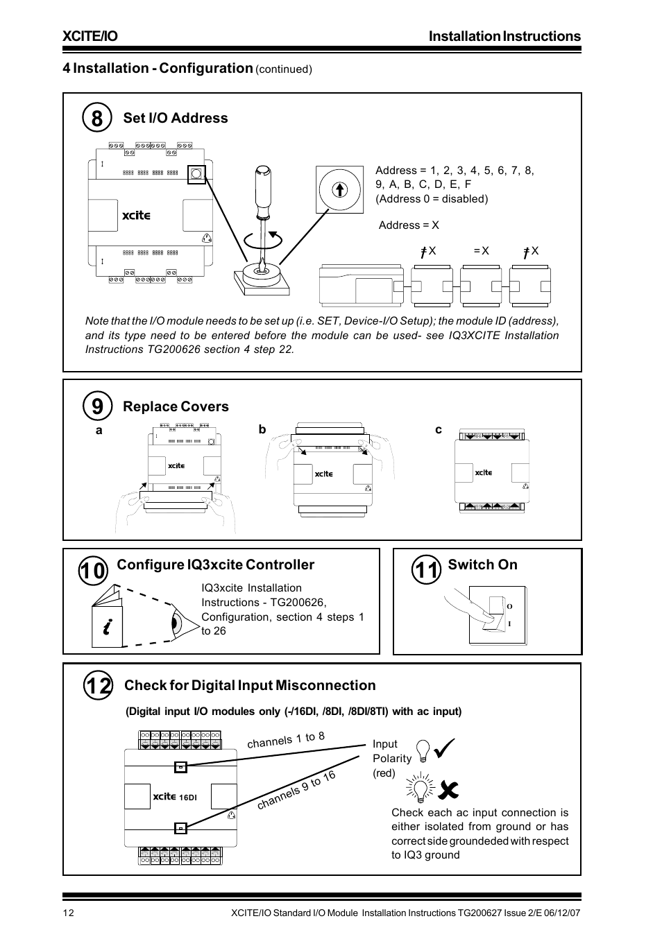 Xcite/io installation instructions, 4 installation - configuration, Set i/o address | Replace covers, Switch on, Check for digital input misconnection, Configure iq3xcite controller, Ab c, Continued) | TREND XCITE_IO User Manual | Page 12 / 16