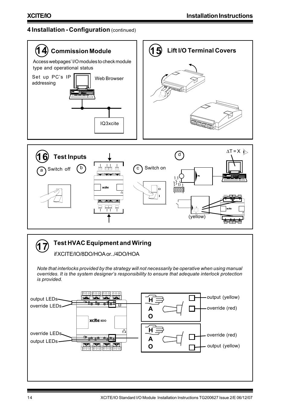 Xcite/io installation instructions, 4 installation - configuration, Commission module | Lift i/o terminal covers, Test inputs, Test hvac equipment and wiring, If xcite/io/8do/hoa or../4do/hoa, Continued) iq3xcite web browser, Set up pc’s ip addressing, Δt = x a c switch off | TREND XCITE_IO User Manual | Page 14 / 16