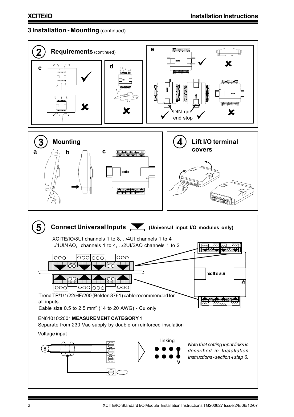 Xcite/io installation instructions, 3 installation - mounting, Mounting | Requirements, Ab c, Lift i/o terminal covers, Connect universal inputs, Continued), Din rail end stop, Voltage input linking v | TREND XCITE_IO User Manual | Page 2 / 16
