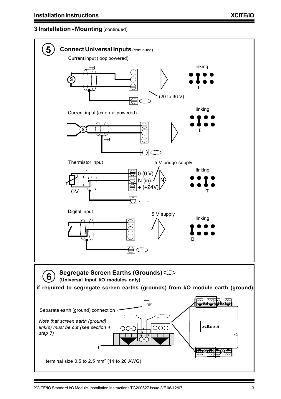 Connect universal inputs, Segregate screen earths (grounds), 0 (0 v) n (in) + (+24v) n | TREND XCITE_IO User Manual | Page 3 / 16