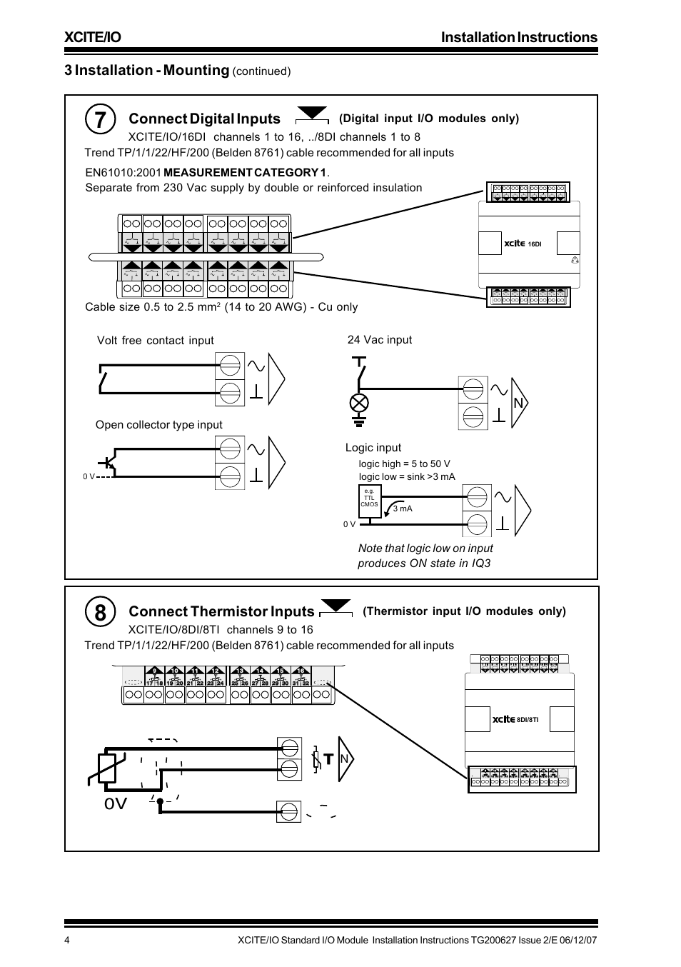 Xcite/io installation instructions, 3 installation - mounting, Connect digital inputs | Connect thermistor inputs, Continued), Digital input i/o modules only), 14 to 20 awg) - cu only, Volt free contact input, Open collector type input 24 vac input, Logic input | TREND XCITE_IO User Manual | Page 4 / 16