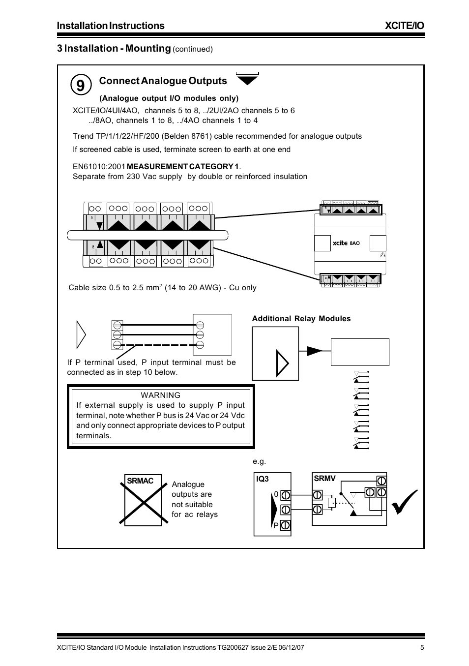 Connect analogue outputs, Xcite i/o module relay module, Continued) | Analogue output i/o modules only), 14 to 20 awg) - cu only | TREND XCITE_IO User Manual | Page 5 / 16