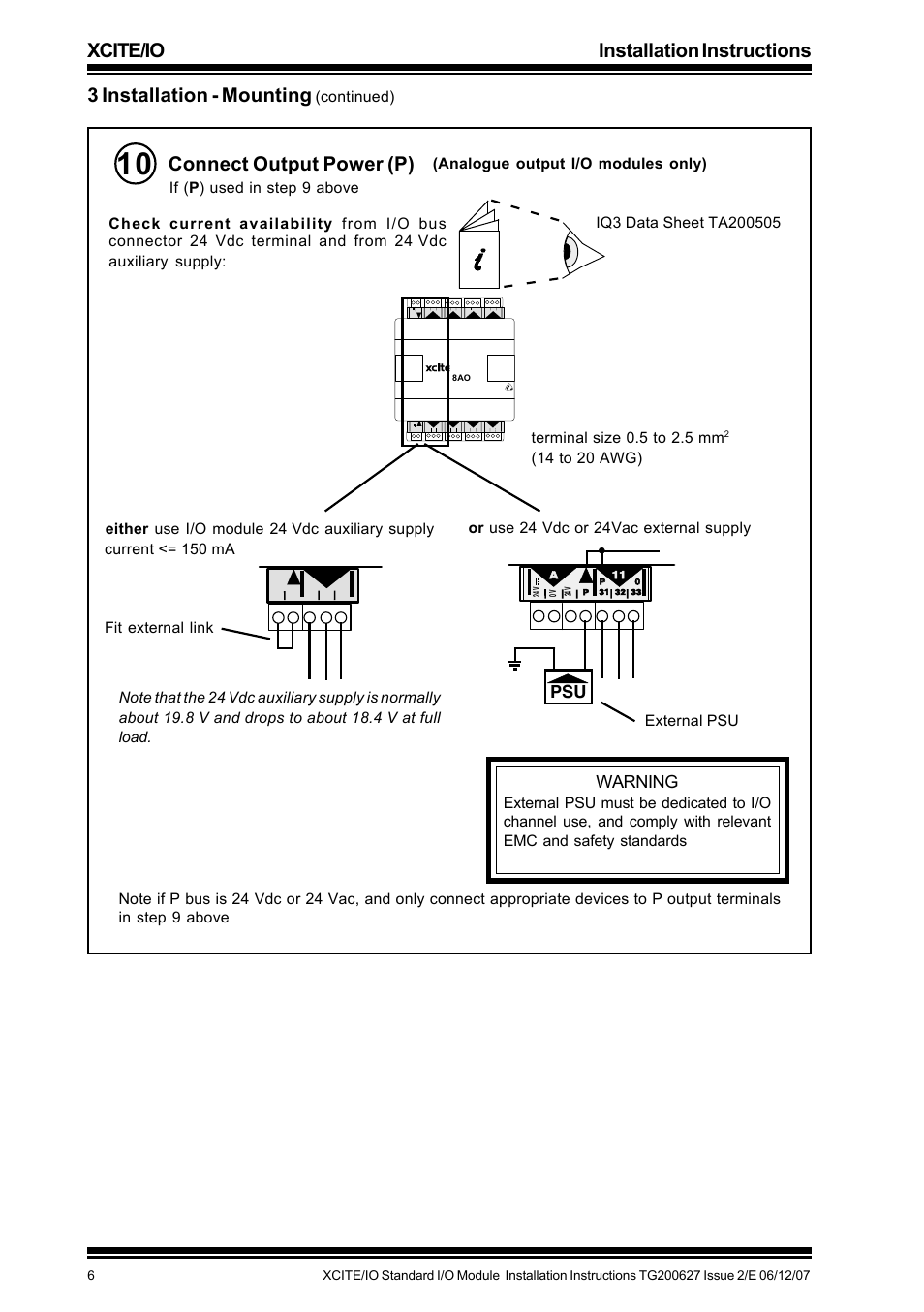 Xcite/io installation instructions, Connect output power (p), 3 installation - mounting | Warning, Terminal size 0.5 to 2.5 mm | TREND XCITE_IO User Manual | Page 6 / 16