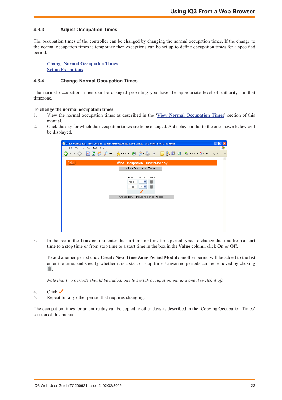 3 adjust occupation times, 4 change normal occupation times, Adjust occupation times | Change normal occupation times | TREND IQ3 User Guide User Manual | Page 23 / 40