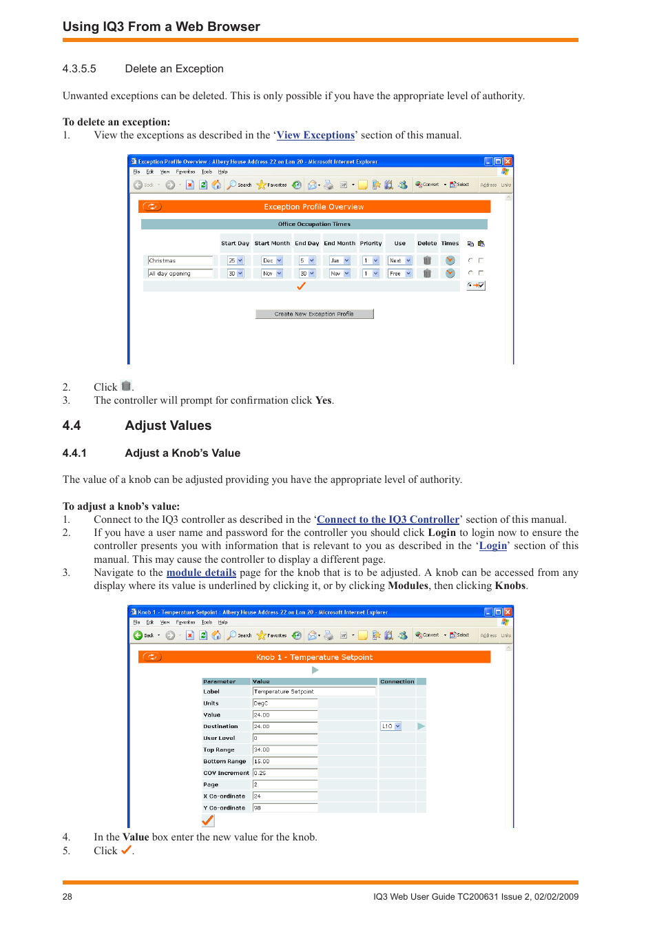 4 adjust values, 1 adjust a knob’s value, Adjust values | Adjust a knob’s value, View occupation times, Delete an exception | TREND IQ3 User Guide User Manual | Page 28 / 40