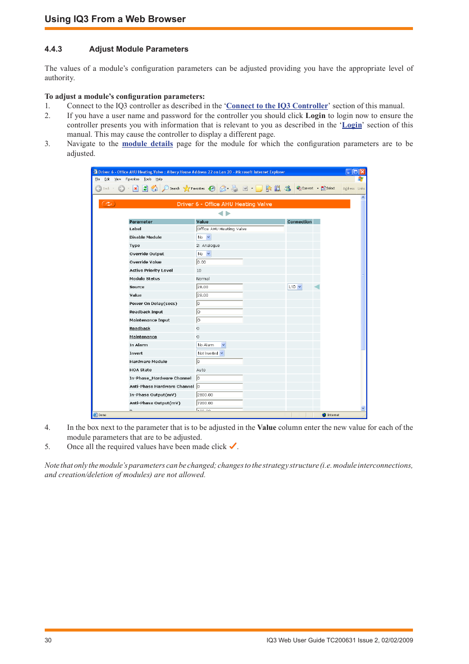 3 adjust module parameters, Adjust module parameters, View the alarm log | TREND IQ3 User Guide User Manual | Page 30 / 40