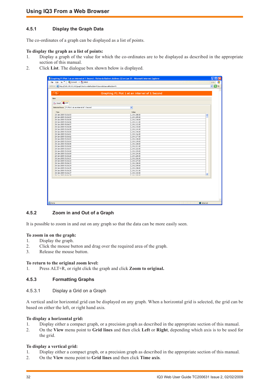 1 display the graph data, 2 zoom in and out of a graph, 3 formatting graphs | Display the graph data, Zoom in and out of a graph, Formatting graphs, Display graph data, Zoom, In and out of a graph | TREND IQ3 User Guide User Manual | Page 32 / 40