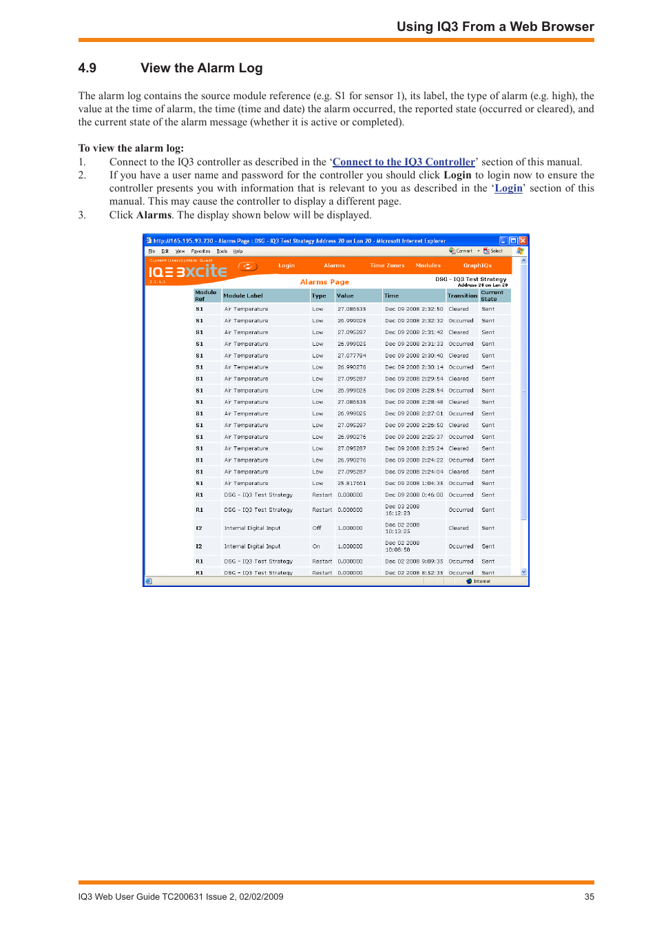 9 view the alarm log, View the alarm log | TREND IQ3 User Guide User Manual | Page 35 / 40