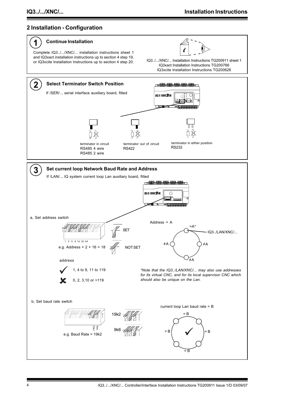 Iq3../.../xnc/... installation instructions, 2 installation - configuration, Continue installation | Select terminator switch position, Set current loop network baud rate and address | TREND IQ3..._..._XNC_... User Manual | Page 4 / 8
