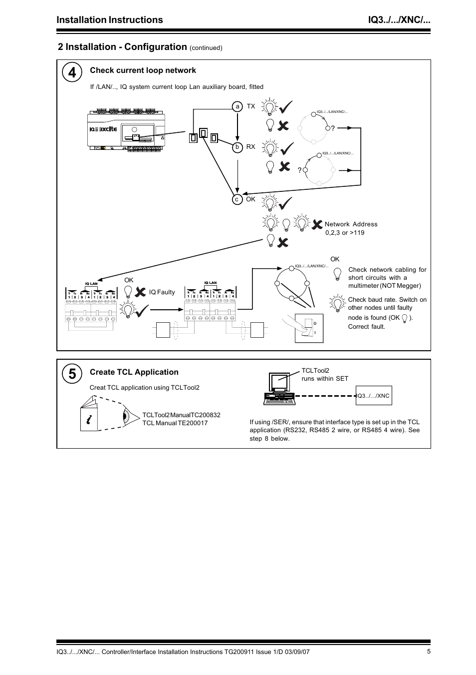 Installation instructions iq3../.../xnc, 2 installation - configuration, Check current loop network | Create tcl application, Tx rx ok | TREND IQ3..._..._XNC_... User Manual | Page 5 / 8
