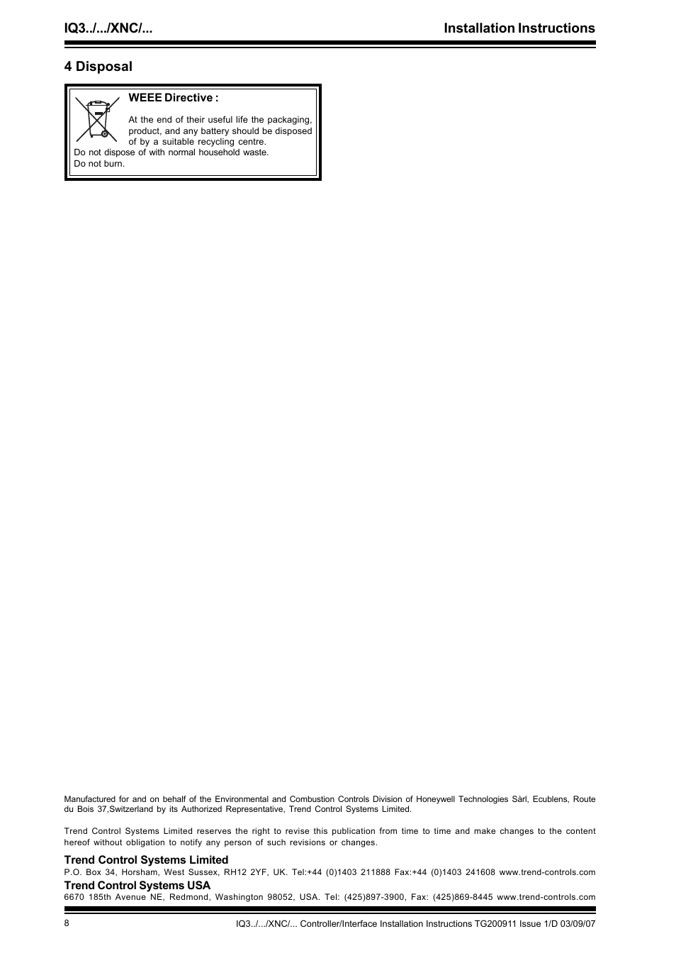 Iq3../.../xnc/... installation instructions, 4 disposal | TREND IQ3..._..._XNC_... User Manual | Page 8 / 8