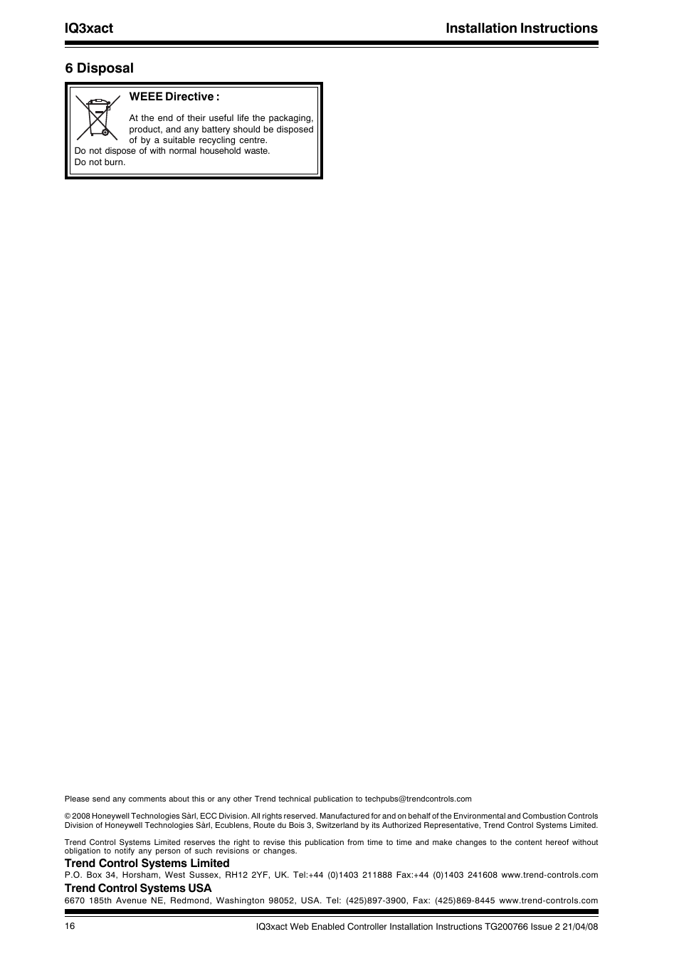 Iq3xact installation instructions, 6 disposal | TREND IQ3xact User Manual | Page 16 / 16