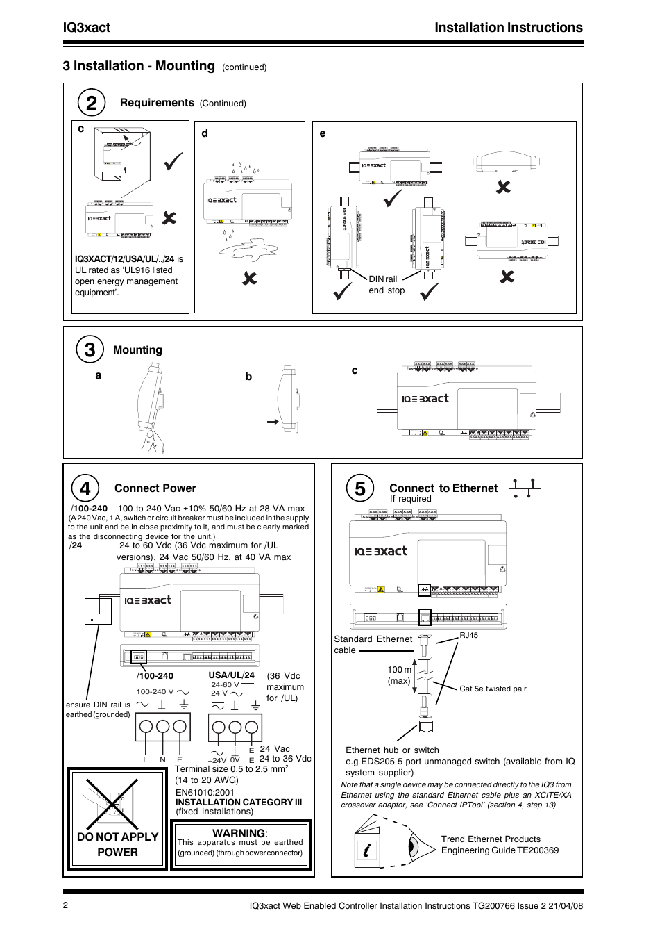 Iq3xact installation instructions, 3 installation - mounting, Requirements | Ca mounting, Connect power, Warning, Do not apply power, Connect to ethernet | TREND IQ3xact User Manual | Page 2 / 16