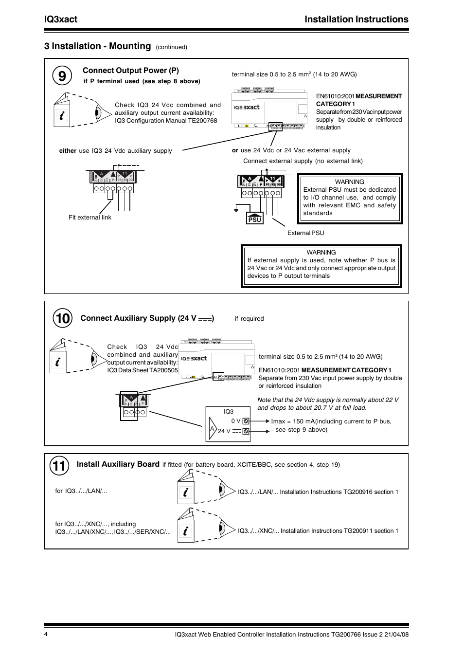 Iq3xact installation instructions, 3 installation - mounting, Connect output power (p) | Connect auxiliary supply (24 v ), Install auxiliary board | TREND IQ3xact User Manual | Page 4 / 16