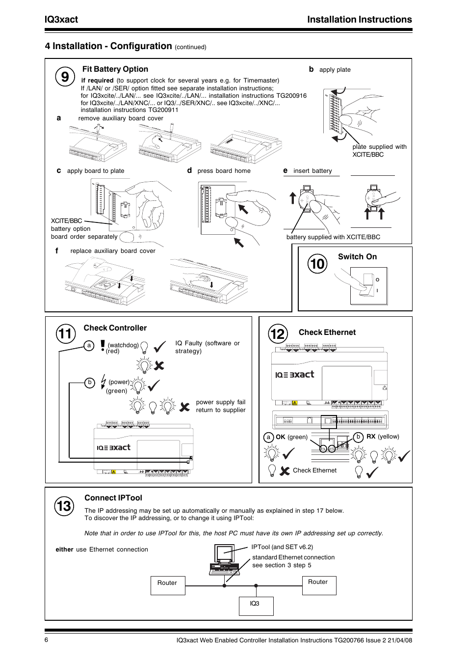 Iq3xact installation instructions, 4 installation - configuration, Afit battery option | Switch on, Check controller, Connect iptool, Check ethernet, Continued), Xcite/bbc battery option board order separately, Press board home | TREND IQ3xact User Manual | Page 6 / 16