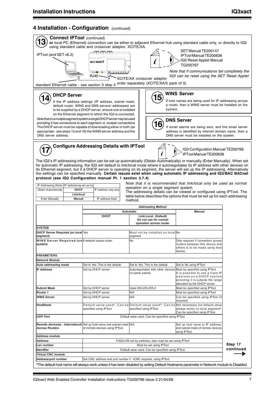 Dhcp server, Wins server, Dns server | Connect iptool, Configure addressing details with iptool, 240 v ok rx | TREND IQ3xact User Manual | Page 7 / 16