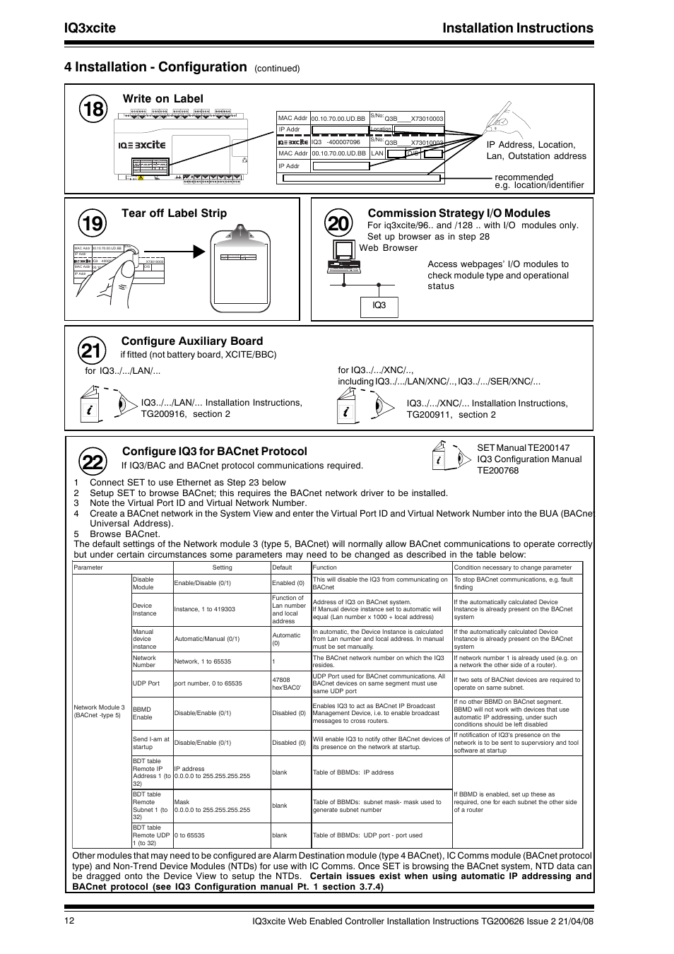 Iq3xcite installation instructions, 4 installation - configuration, Configure iq3 for bacnet protocol | Write on label, Tear off label strip, Commission strategy i/o modules, Configure auxiliary board, Continued) | TREND IQ3xcite User Manual | Page 12 / 16