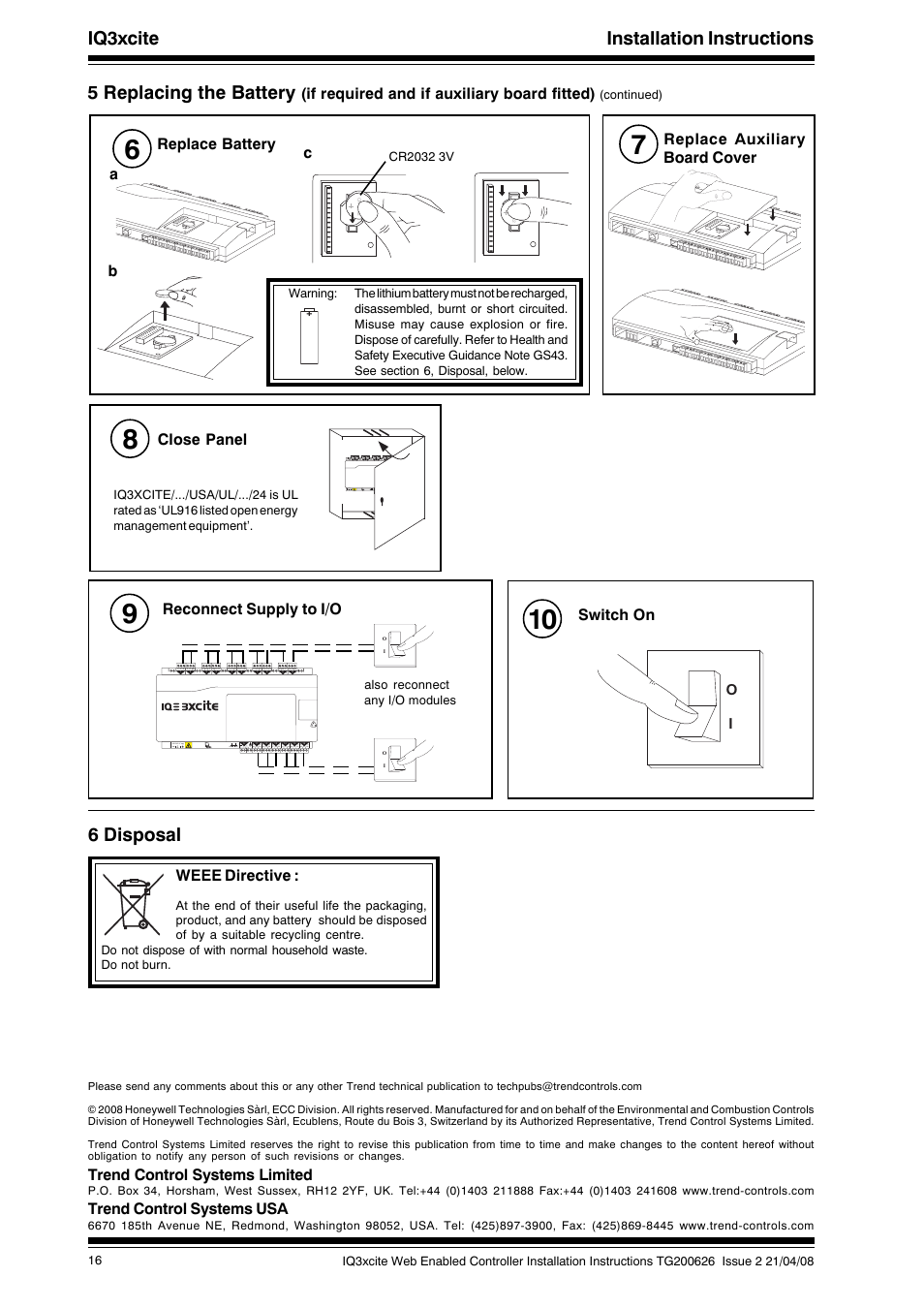 Iq3xcite installation instructions, 6 disposal, 5 replacing the battery | TREND IQ3xcite User Manual | Page 16 / 16