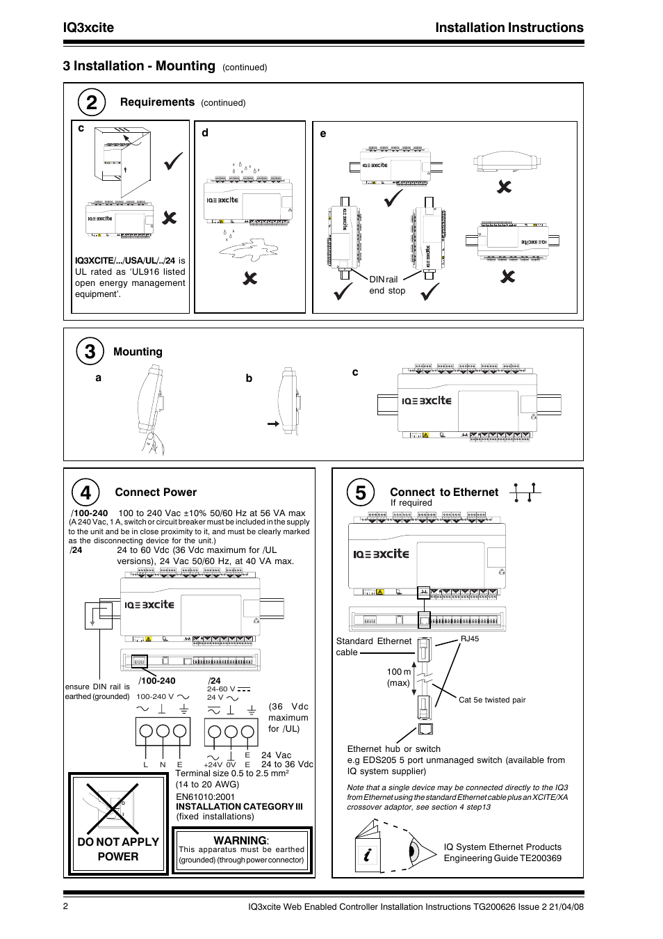 Iq3xcite installation instructions, 3 installation - mounting, Requirements | Ca mounting, Connect power, Warning, Do not apply power, Connect to ethernet | TREND IQ3xcite User Manual | Page 2 / 16