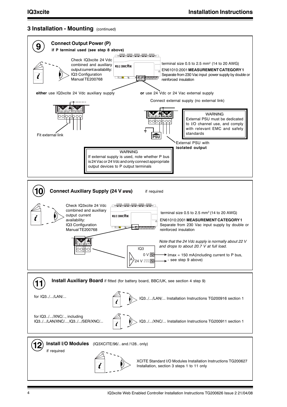 Iq3xcite installation instructions, 3 installation - mounting, Connect output power (p) | Connect auxiliary supply (24 v ), Install i/o modules, Install auxiliary board | TREND IQ3xcite User Manual | Page 4 / 16