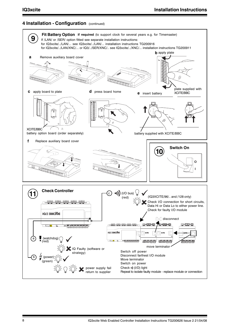 Iq3xcite installation instructions, 4 installation - configuration, Afit battery option | Switch on, Check controller | TREND IQ3xcite User Manual | Page 8 / 16