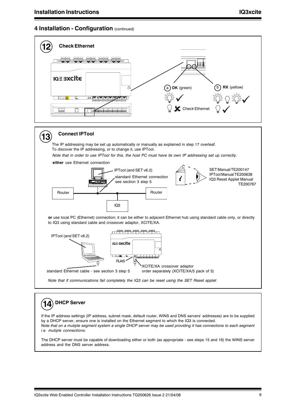 Connect iptool, Check ethernet, Dhcp server | 240 v ok rx, Continued) | TREND IQ3xcite User Manual | Page 9 / 16