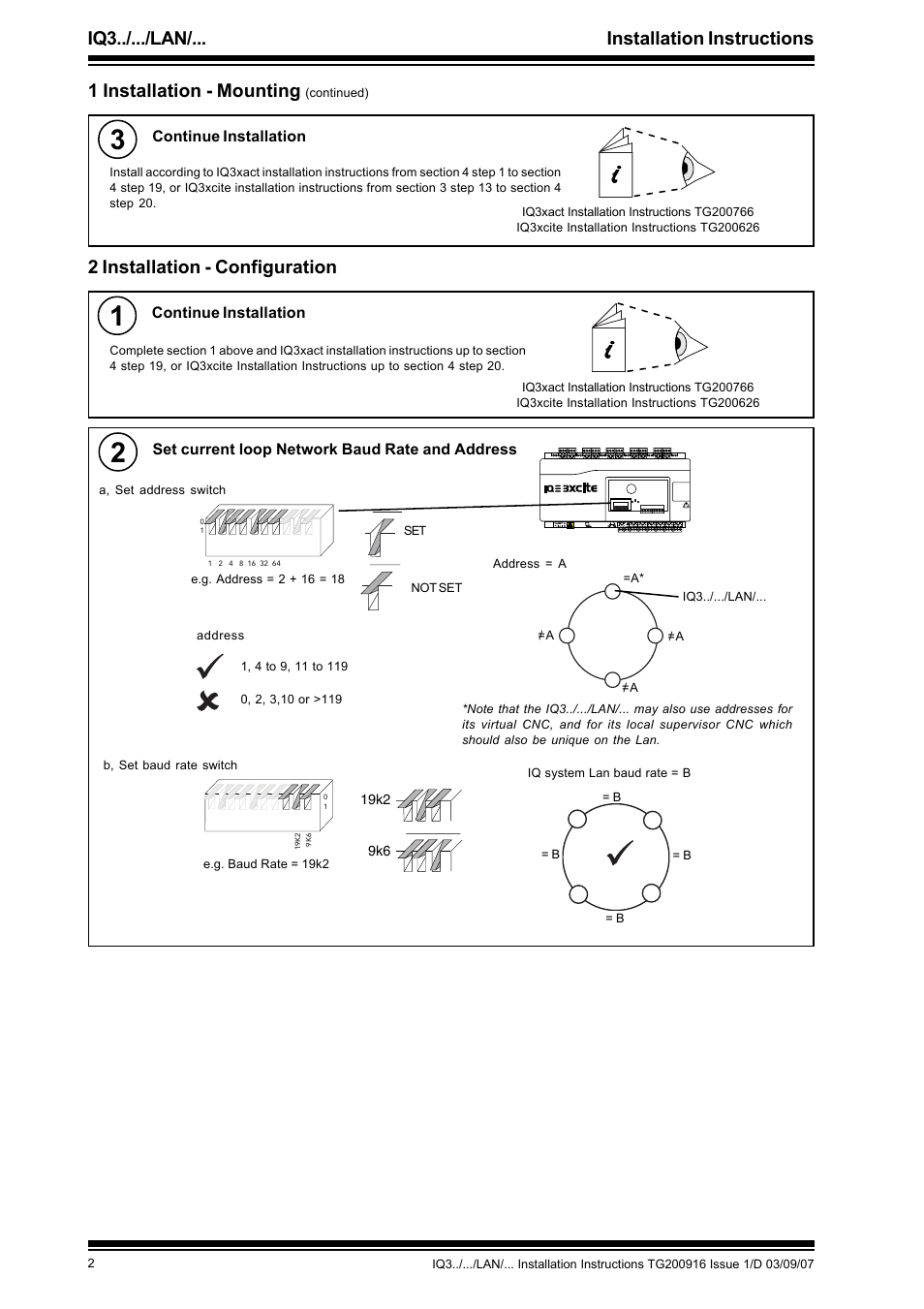 2 installation - configuration, Continue installation, Set current loop network baud rate and address | TREND IQ3.._..._LAN_... User Manual | Page 2 / 4