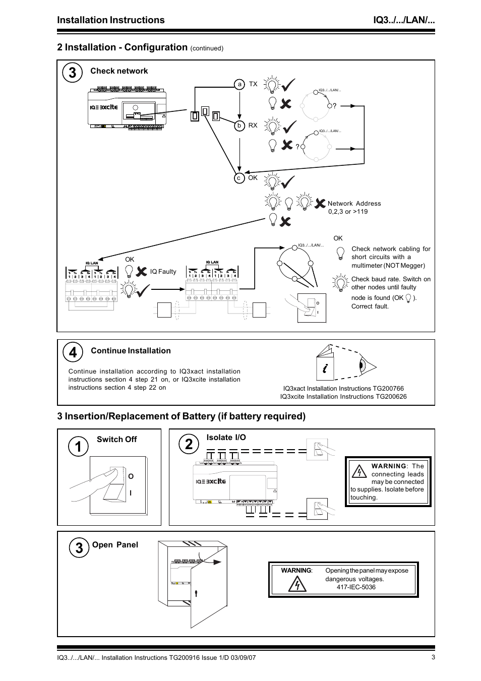 Installation instructions iq3../.../lan, 2 installation - configuration, Check network | Continue installation, Switch off, Isolate i/o, Open panel, Tx rx ok | TREND IQ3.._..._LAN_... User Manual | Page 3 / 4