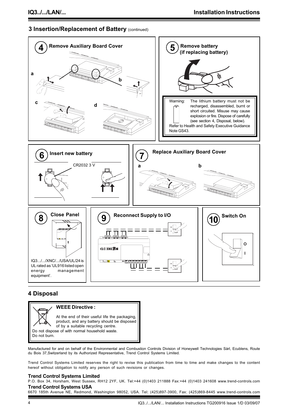 Iq3../.../lan/... installation instructions, 3 insertion/replacement of battery, 4 disposal | TREND IQ3.._..._LAN_... User Manual | Page 4 / 4