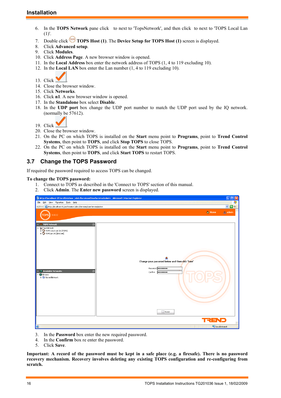 Change the tops password | TREND TOPS Installation User Manual | Page 16 / 20
