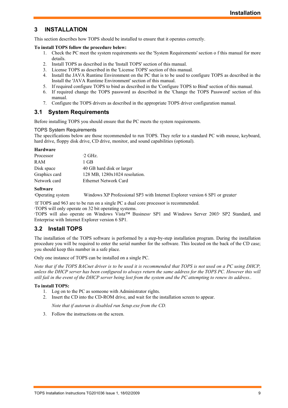 Installation, System requirements, Install tops | 3 installation, 1 system requirements, 2 install tops | TREND TOPS Installation User Manual | Page 9 / 20