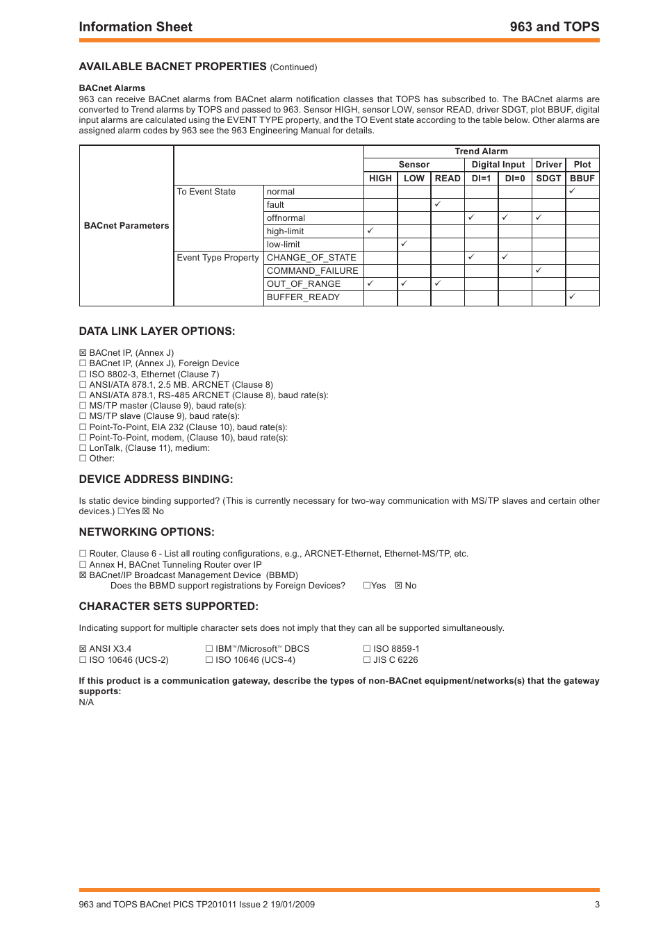 Information sheet 963 and tops, Available bacnet properties, Data link layer options | Device address binding, Networking options, Character sets supported | TREND 963 and TOPS User Manual | Page 3 / 4
